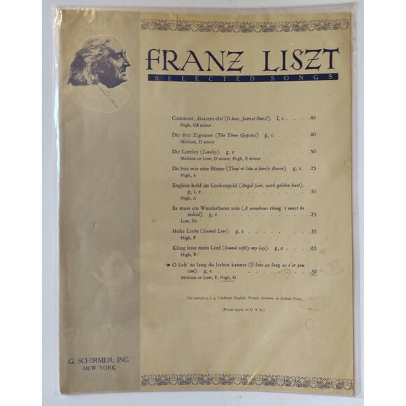 Franz Liszt Selected Songs G Schirmer New York Classical Vocal Sheet - Picture 1 of 2